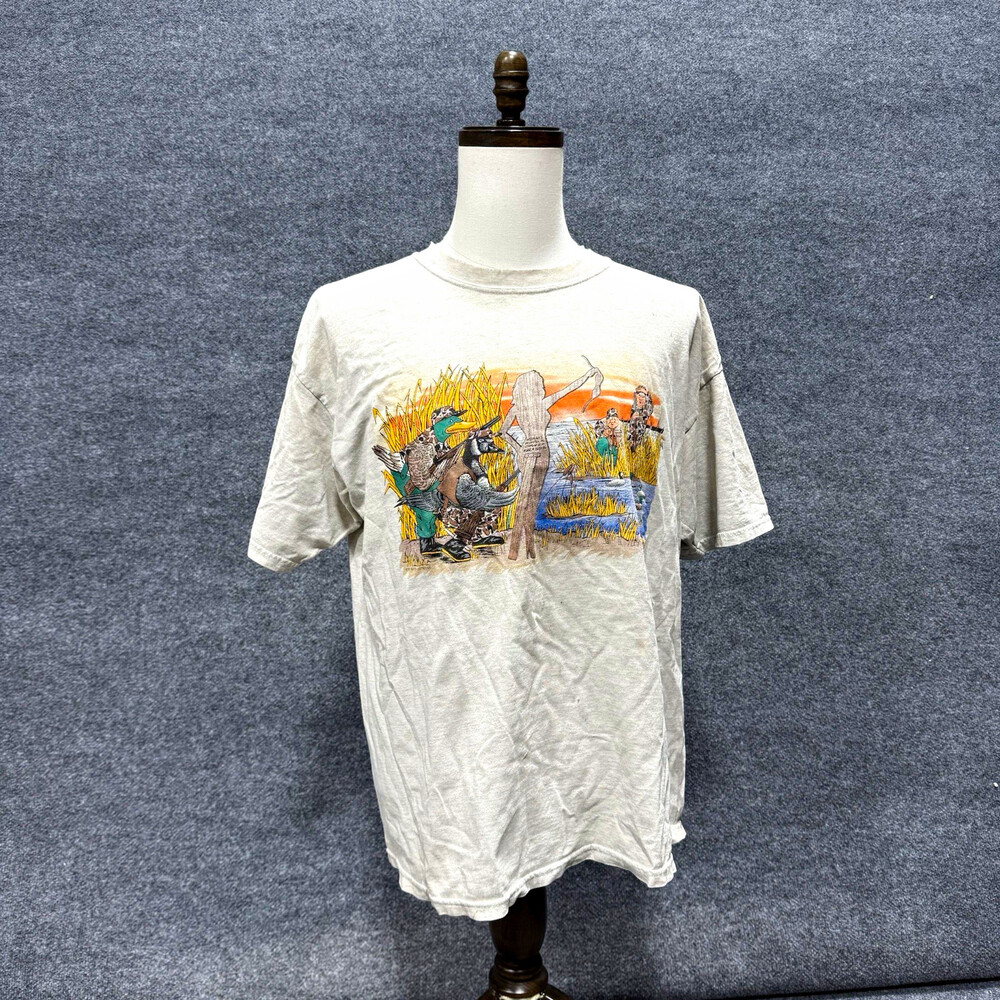 Vintage Gildan Duck Hunting T-Shirt Men’s XL Gray Graphic Waterfowl Hunter 90s